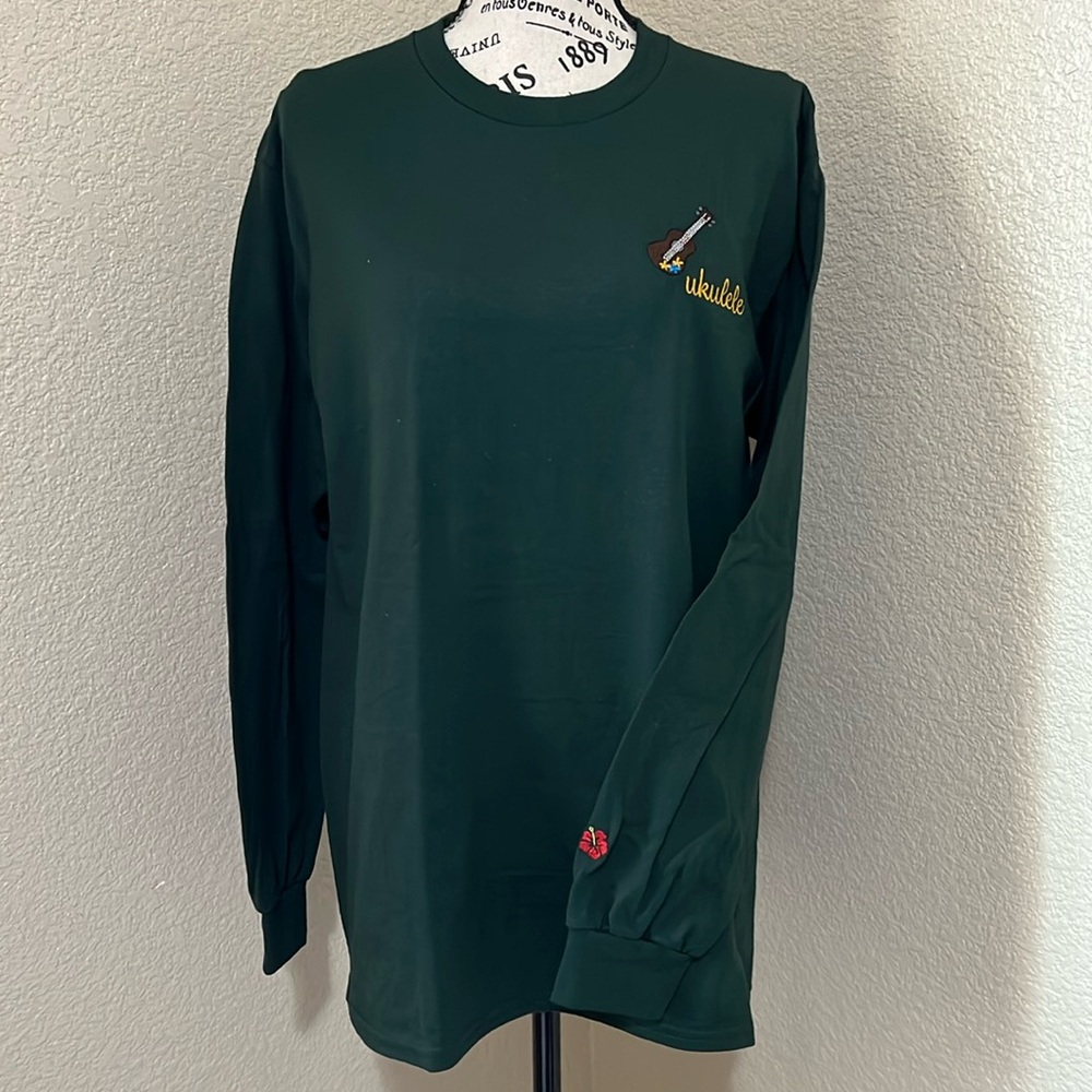 Ukulele Hawaii Long Sleeve Green Tee Top Cotton